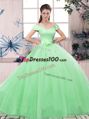 Off The Shoulder Short Sleeves Quince Ball Gowns Floor Length Lace and Hand Made Flower Apple Green Tulle