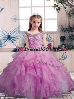 Sleeveless Organza Floor Length Lace Up Evening Gowns in Lilac with Beading and Ruffles