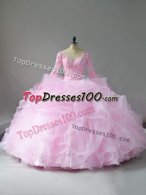 Lace and Ruffles Quinceanera Gown Pink Lace Up Long Sleeves Floor Length