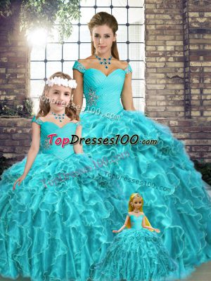 High End Aqua Blue Ball Gowns Off The Shoulder Sleeveless Organza Brush Train Lace Up Beading and Ruffles Vestidos de Quinceanera