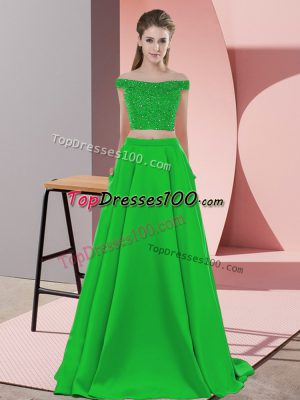 Modern Off The Shoulder Sleeveless Elastic Woven Satin Prom Party Dress Beading Sweep Train Backless