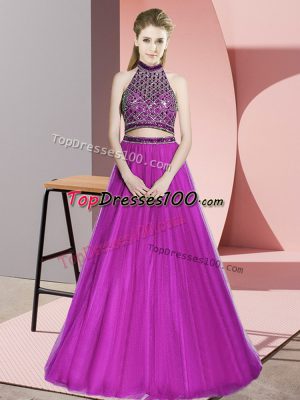 Trendy Halter Top Sleeveless Tulle Prom Evening Gown Beading