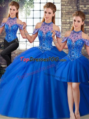 Blue Halter Top Lace Up Beading and Pick Ups Quinceanera Gown Brush Train Sleeveless