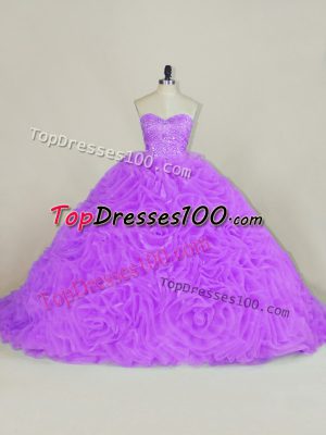 Super Lavender Ball Gowns Fabric With Rolling Flowers Sweetheart Sleeveless Beading Lace Up 15th Birthday Dress Court Train