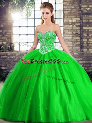 Luxurious Green Sleeveless Tulle Brush Train Lace Up Quinceanera Gowns for Military Ball and Sweet 16 and Quinceanera