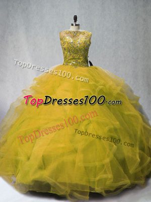 Delicate Olive Green Quinceanera Dresses Sweet 16 and Quinceanera with Beading and Ruffles Bateau Sleeveless Court Train Lace Up