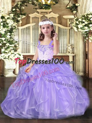 Luxurious Ball Gowns Child Pageant Dress Lavender Straps Organza Sleeveless Floor Length Lace Up