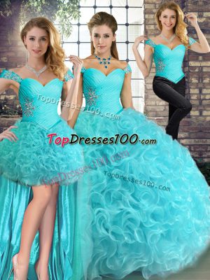 Aqua Blue Three Pieces Off The Shoulder Sleeveless Fabric With Rolling Flowers Floor Length Lace Up Beading Sweet 16 Dresses