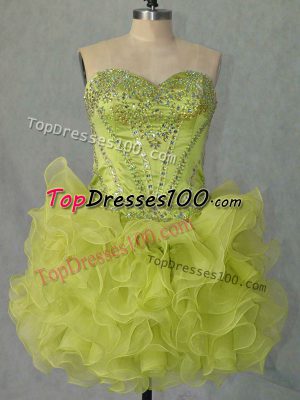 Top Selling Yellow Green Ball Gowns Sweetheart Sleeveless Organza Mini Length Lace Up Beading and Ruffles Prom Gown