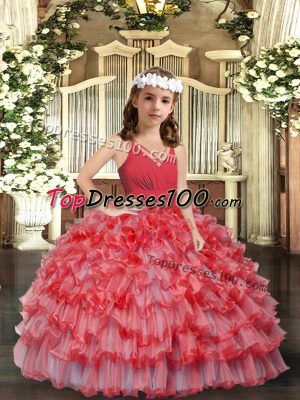 Superior Sleeveless Floor Length Ruffles and Ruffled Layers Zipper Kids Pageant Dress with Coral Red