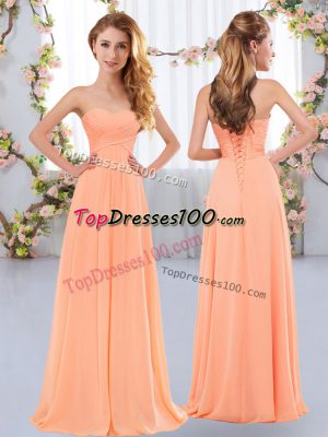 Peach Lace Up Dama Dress for Quinceanera Ruching Sleeveless Floor Length
