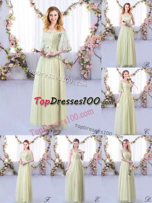 Floor Length Side Zipper Dama Dress for Quinceanera Yellow Green for Wedding Party with Lace and Belt