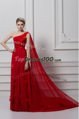 Chiffon and Tulle One Shoulder Sleeveless Watteau Train Lace Up Ruching and Hand Made Flower Evening Dress in Red