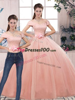 Deluxe Pink Short Sleeves Lace and Hand Made Flower Floor Length Sweet 16 Dresses