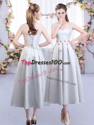 Silver Straps Lace Up Appliques Wedding Party Dress Sleeveless