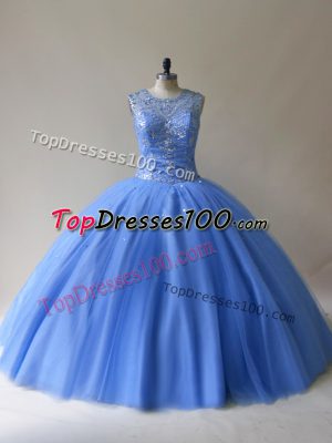 Eye-catching Baby Blue Scoop Neckline Beading Quince Ball Gowns Sleeveless Lace Up