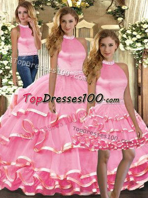 Fine Beading and Ruffled Layers Sweet 16 Dress Pink Backless Sleeveless Floor Length