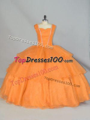 Pretty Orange Ball Gowns Straps Sleeveless Organza Floor Length Lace Up Beading and Ruffled Layers and Ruching 15th Birthday Dress