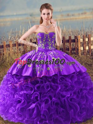 Dramatic Brush Train Ball Gowns 15th Birthday Dress Purple Sweetheart Fabric With Rolling Flowers Sleeveless Lace Up