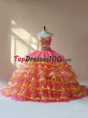 Spectacular Sleeveless Organza Lace Up Sweet 16 Quinceanera Dress in Pink with Beading and Ruching