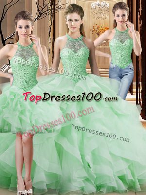 Customized Apple Green Quinceanera Dresses Sweet 16 and Quinceanera with Beading and Ruffles Halter Top Sleeveless Brush Train Lace Up