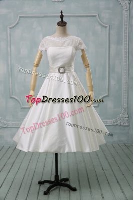 Great White Ball Gowns Scoop Short Sleeves Tulle Tea Length Clasp Handle Lace and Sashes ribbons Wedding Gown