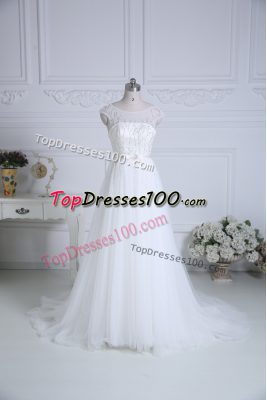 Luxurious White Scoop Lace Up Beading and Belt Wedding Gowns Brush Train Cap Sleeves