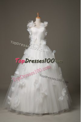 White Ball Gowns V-neck Sleeveless Tulle Floor Length Lace Up Hand Made Flower Wedding Dresses