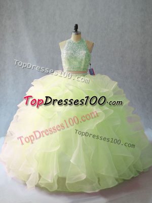 Best Selling Yellow Green Sweet 16 Quinceanera Dress Halter Top Sleeveless Brush Train Backless