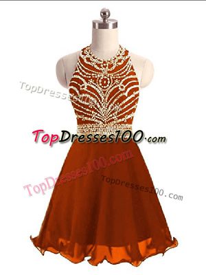 Rust Red Zipper Halter Top Beading Evening Gowns Chiffon Sleeveless