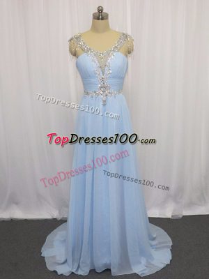 Blue Sleeveless Brush Train Beading and Ruching Prom Evening Gown