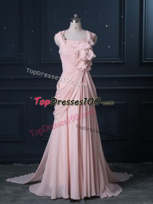 Sleeveless Ruching Zipper Homecoming Dress with Pink Brush Train