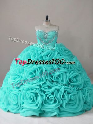 Chic Sweetheart Sleeveless Lace Up Quinceanera Dresses Aqua Blue Fabric With Rolling Flowers