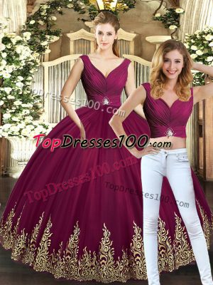 Free and Easy Burgundy Two Pieces Tulle V-neck Sleeveless Beading and Appliques Floor Length Backless 15th Birthday Dress