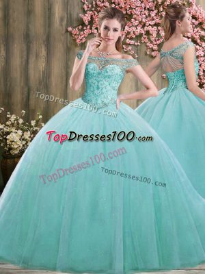 Ideal Blue Lace Up 15th Birthday Dress Beading Sleeveless Floor Length