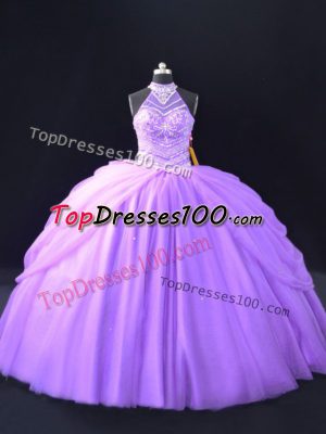 Pretty Lavender Quinceanera Dresses Sweet 16 and Quinceanera with Beading and Pick Ups Halter Top Sleeveless