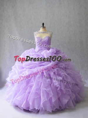 Lavender Lace Up Scoop Beading and Ruffles Sweet 16 Quinceanera Dress Organza Sleeveless Brush Train