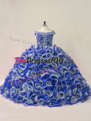 Organza Off The Shoulder Sleeveless Court Train Lace Up Beading and Ruffles Vestidos de Quinceanera in Multi-color