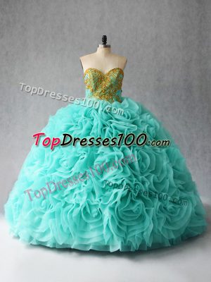 Sleeveless Beading and Ruffles Lace Up Ball Gown Prom Dress with Aqua Blue Court Train