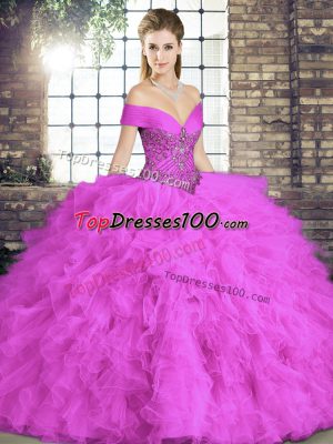 Floor Length Lilac Quinceanera Gown Tulle Sleeveless Beading and Ruffles