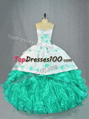 Hot Selling Floor Length Lace Up Quinceanera Gowns Turquoise for Sweet 16 and Quinceanera with Embroidery and Ruffles