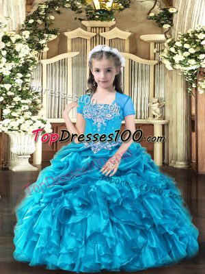 Exquisite Floor Length Lace Up Pageant Dress for Girls Baby Blue for Party and Wedding Party with Beading and Ruffles