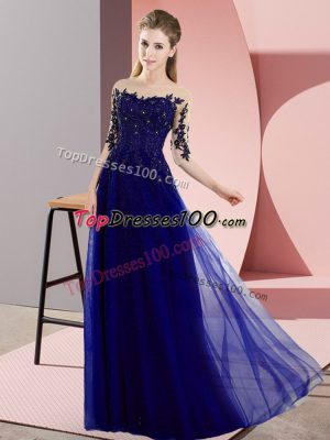 Half Sleeves Chiffon Floor Length Lace Up Bridesmaids Dress in Blue with Beading and Lace