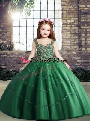 Dark Green Ball Gowns Straps Sleeveless Tulle Floor Length Lace Up Beading Pageant Dress for Womens