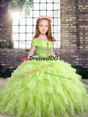 Superior Floor Length Ball Gowns Sleeveless Yellow Green Little Girls Pageant Dress Lace Up