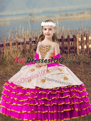 Trendy Sleeveless Floor Length Beading and Embroidery and Ruffled Layers Lace Up Pageant Gowns For Girls with Fuchsia