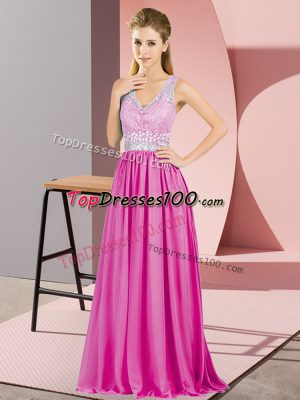 Simple Hot Pink Sleeveless Beading and Lace Prom Party Dress