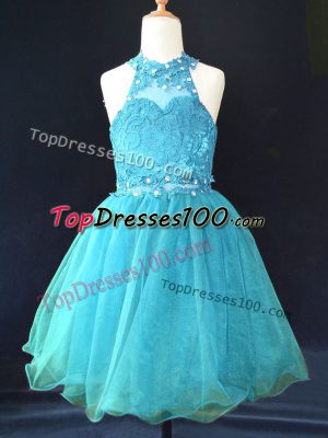 Latest Mini Length Aqua Blue Glitz Pageant Dress Halter Top Sleeveless Lace Up