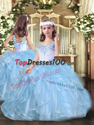 Baby Blue Little Girl Pageant Dress Party and Sweet 16 and Wedding Party with Beading and Ruffles Straps Sleeveless Lace Up