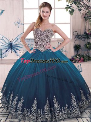 Pretty Blue Lace Up Sweetheart Beading and Appliques Sweet 16 Dress Tulle Sleeveless